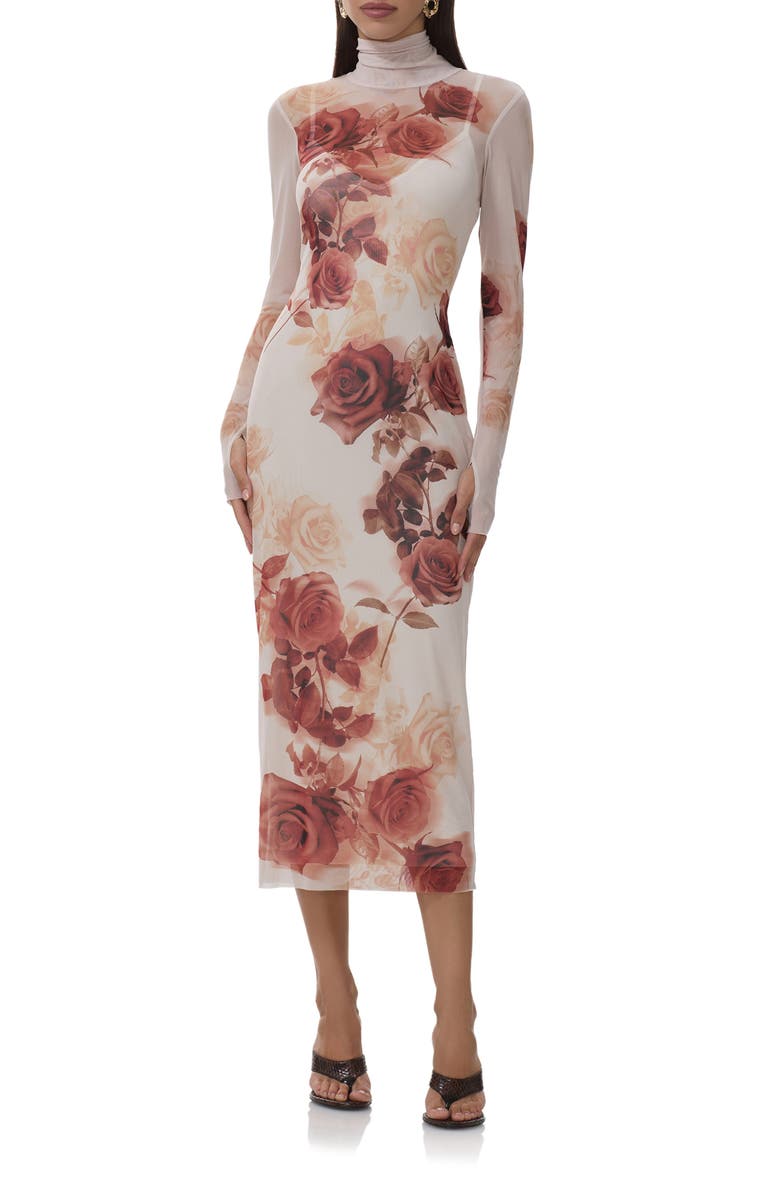 AFRM Shailene Print Long Sleeve Mesh Body-Con Midi Dress, Alternate, color, Sepia Roses
