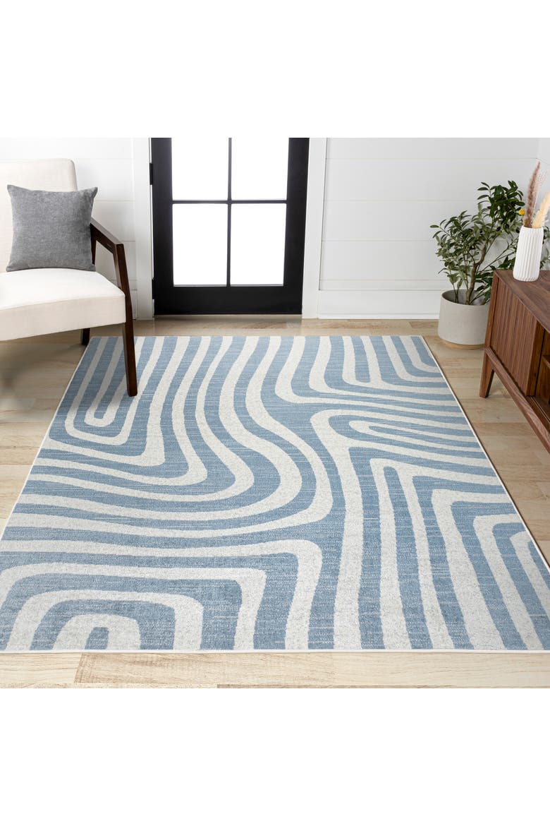 Maze Abstract Two-Tone Low-Pile Machine-Washable Area Rug, Alternate, color, Blue/Cream