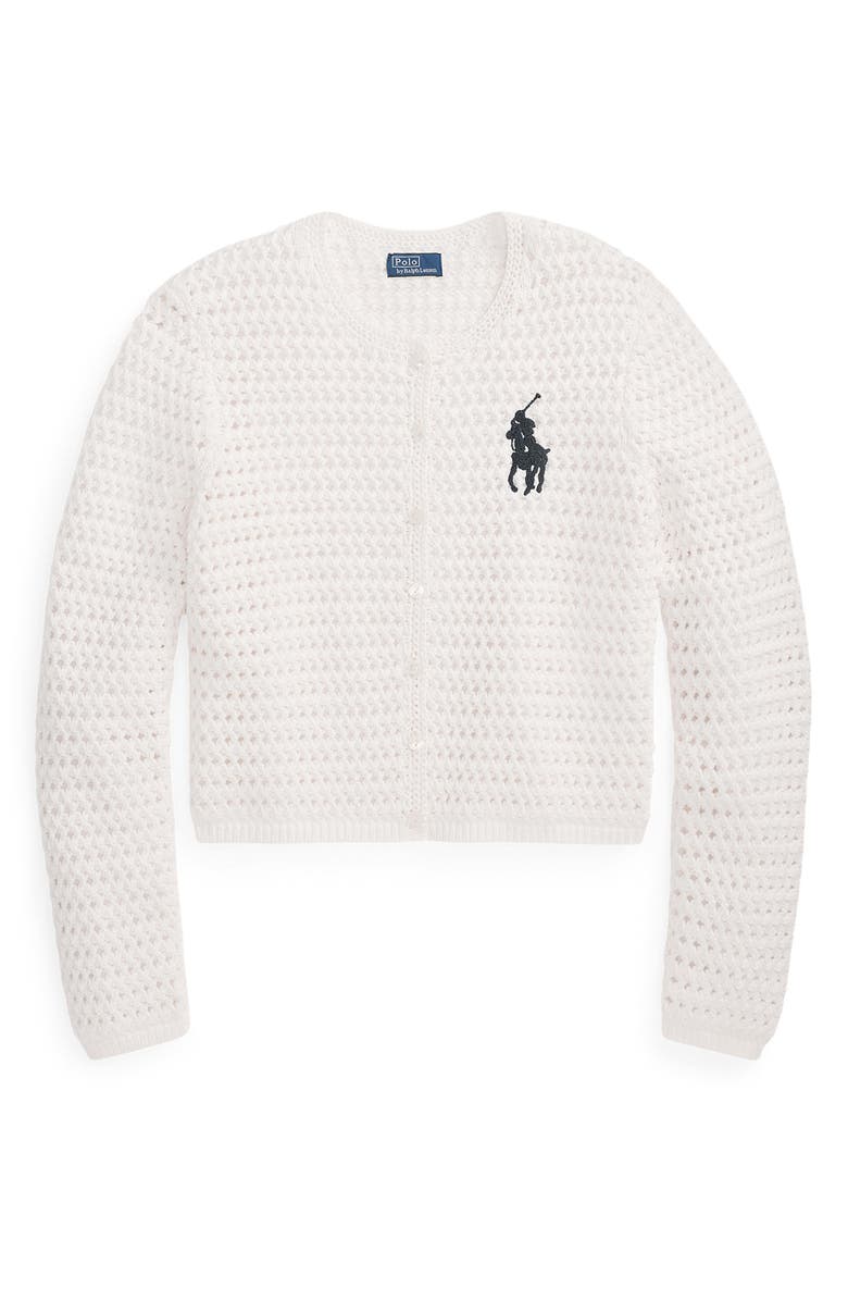 Polo Ralph Lauren Big Pony Button-Up Cotton Crochet Crop Cardigan, Alternate, color, White