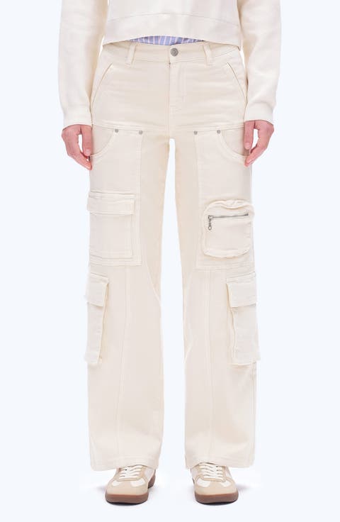 Paneled Wide Leg Cargo Jeans (Off White)