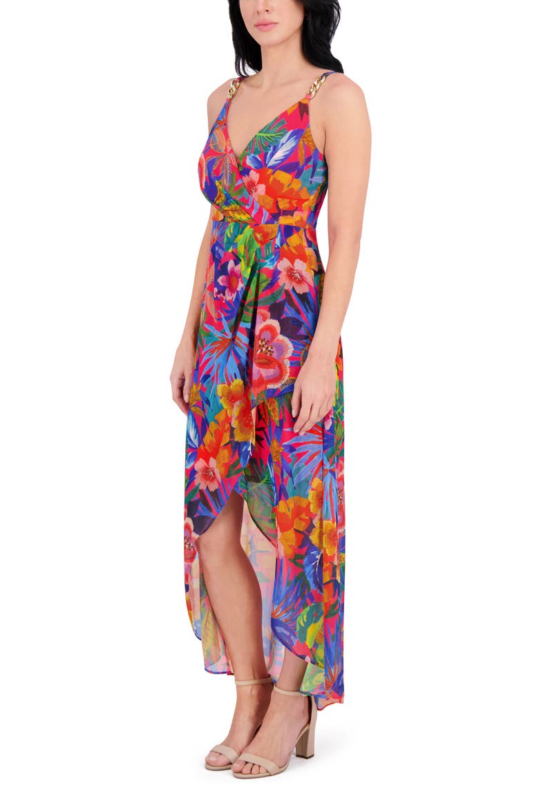 Floral Souflee Crepe Faux Wrap Midi Dress, Alternate, color, HOT PINK MULTI