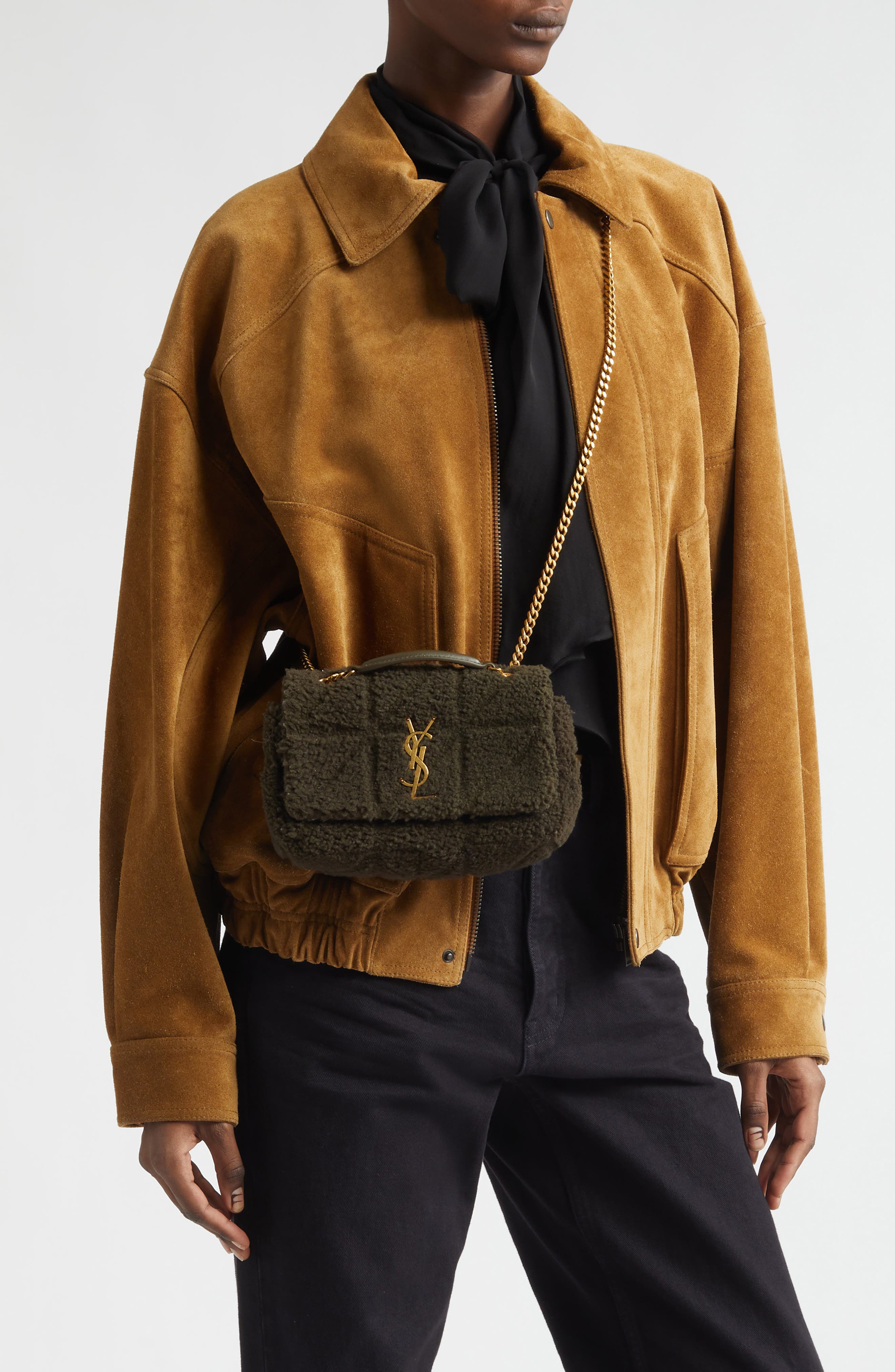 Saint Laurent Small Jamie Genuine Shearling Shoulder Bag, Alternate, color, Lichen