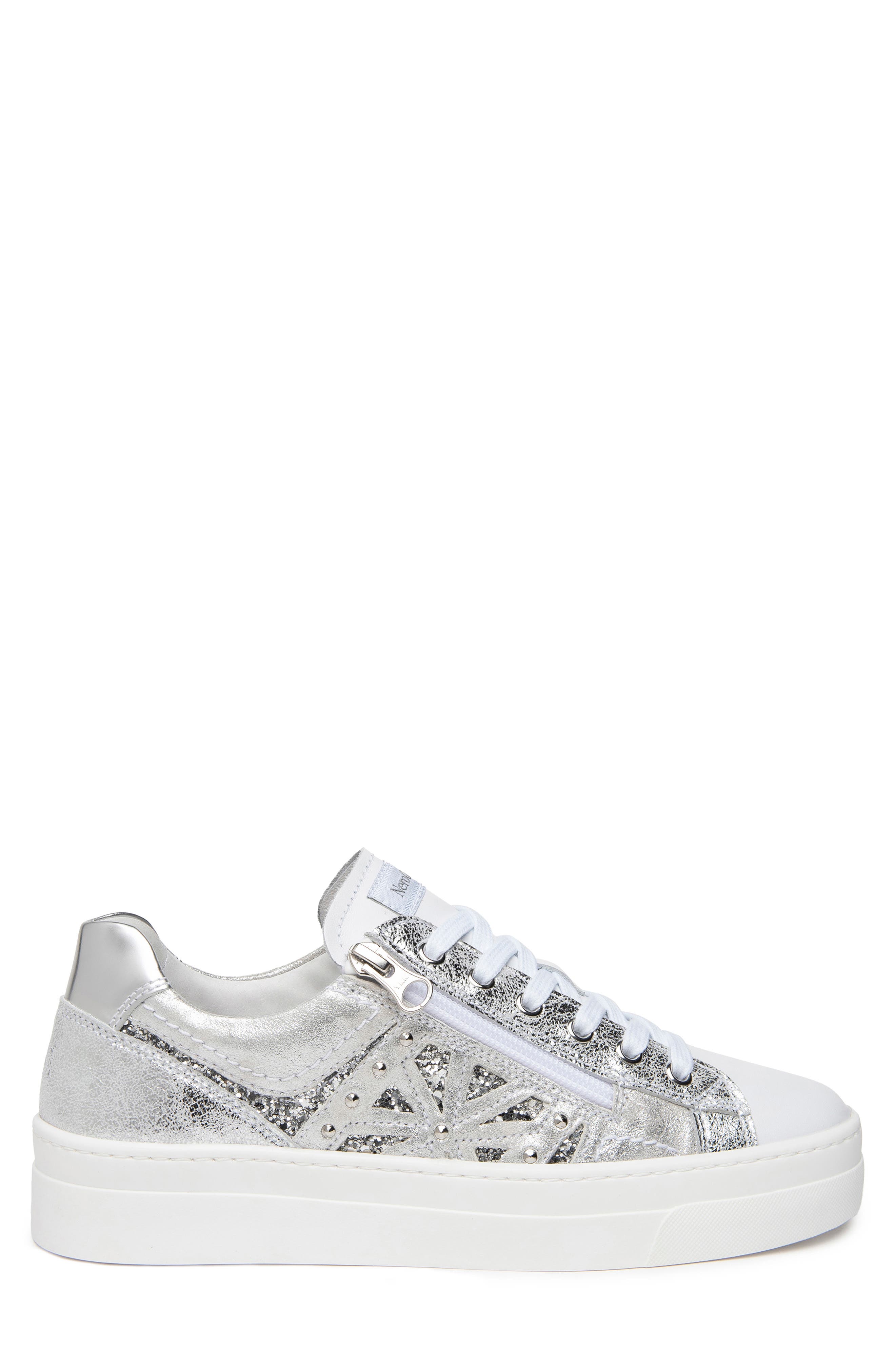 NeroGiardini Metallic Side Zip Platform Sneaker, Alternate, color, White