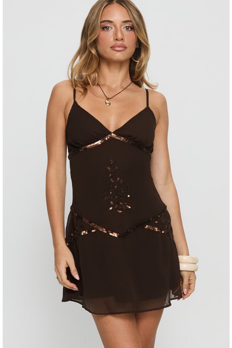 Jesenia Sequin Chiffon Party Dress, Alternate, color, BROWN