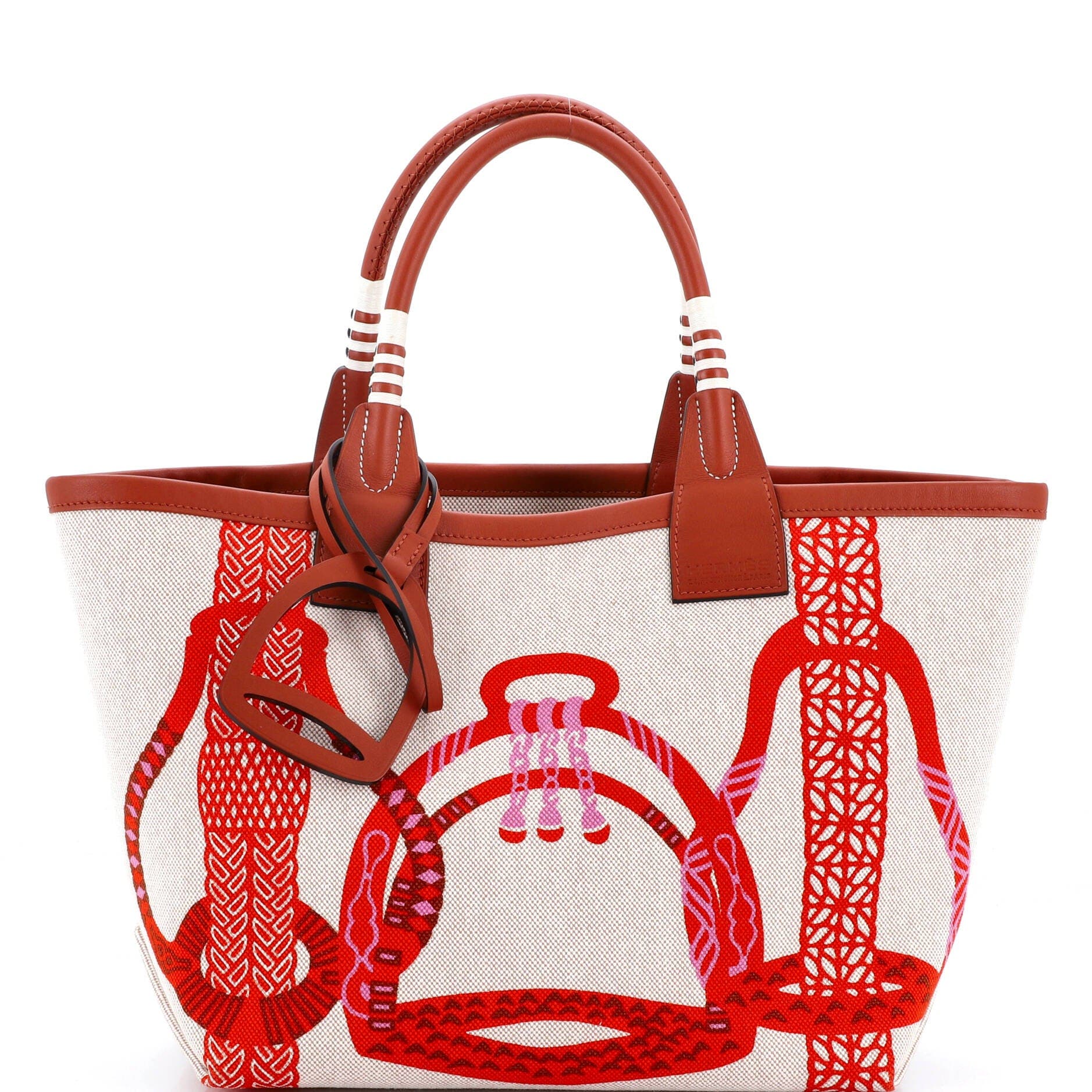 Pre-Owned Hermes Sac Steeple Tote Printed Toile with Leather 25, Main, color, 