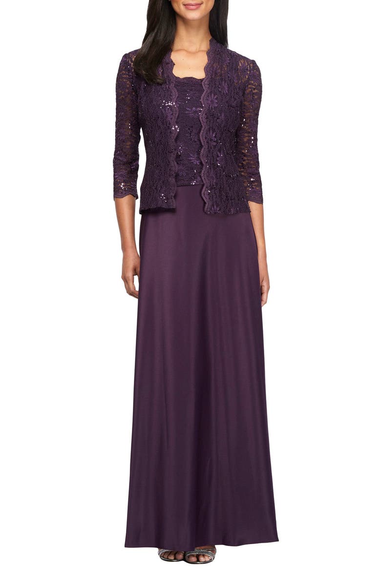 Sequin Lace & Satin Gown with Jacket, Main, color, EGGPLANT