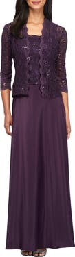 Alex Evenings Sequin Lace & Satin Gown with Jacket