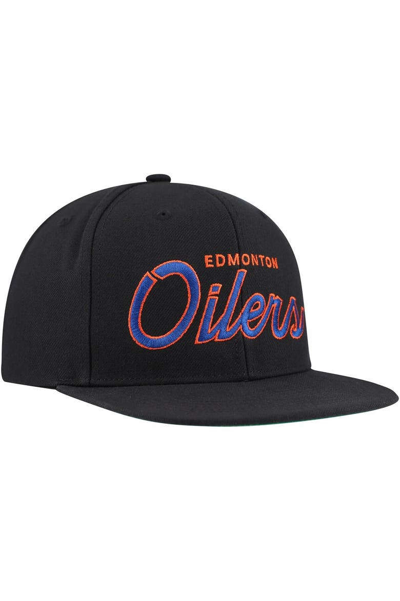 Men's Mitchell & Ness Black Edmonton Oilers Core Team Script 2.0 Snapback Hat, Alternate, color, Black