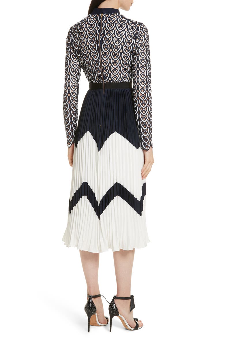 Sweetheart Crochet Pleated Midi Dress, Alternate, color, NAVY/ WHITE