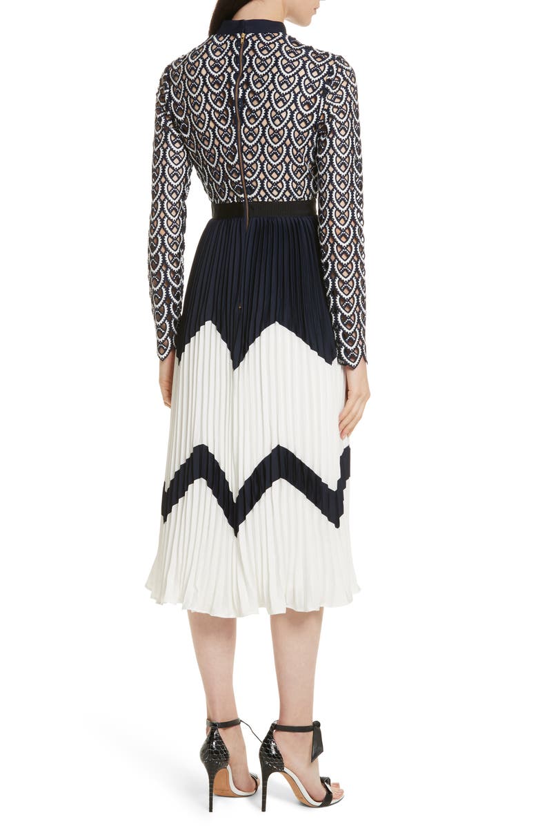 Self-Portrait Sweetheart Crochet Pleated Midi Dress, Alternate, color, 