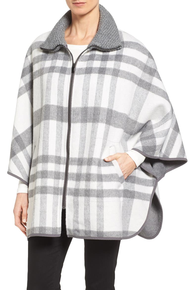 Zip Front Plaid Cape, Main, color, IVORY/ GREY