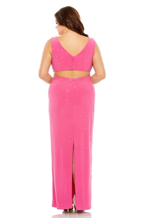 Mac Duggal Rhinestone Embellished Open Back Jersey Plus Size Gown In Hot Pink