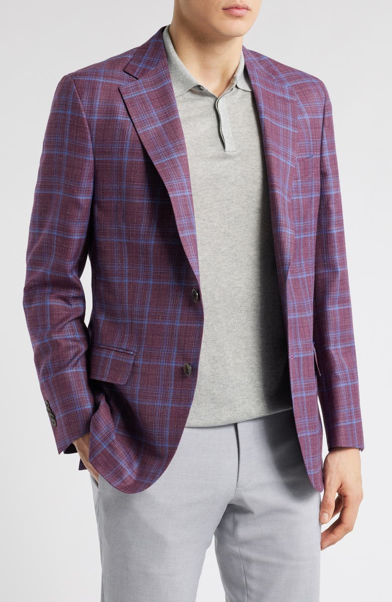 Peter Millar Hyperlight Soft Plaid Slub Wool & Silk Blend Sport Coat, Main, color, Dark Red