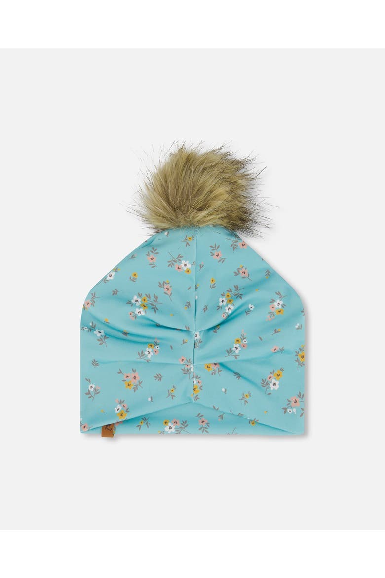Baby Girl's Detachable Pompom Hat Blue Little Flowers Print, Alternate, color, Blue Little Flowers Print