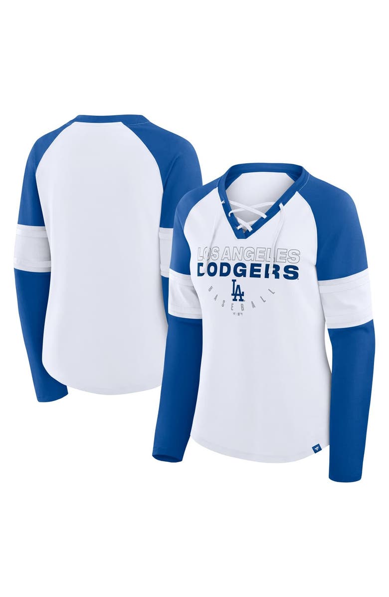 FANATICS Women's Fanatics White/Royal Los Angeles Dodgers Blitz Package Raglan Lace-Up V-Neck Long Sleeve T-Shirt, Main, color, White