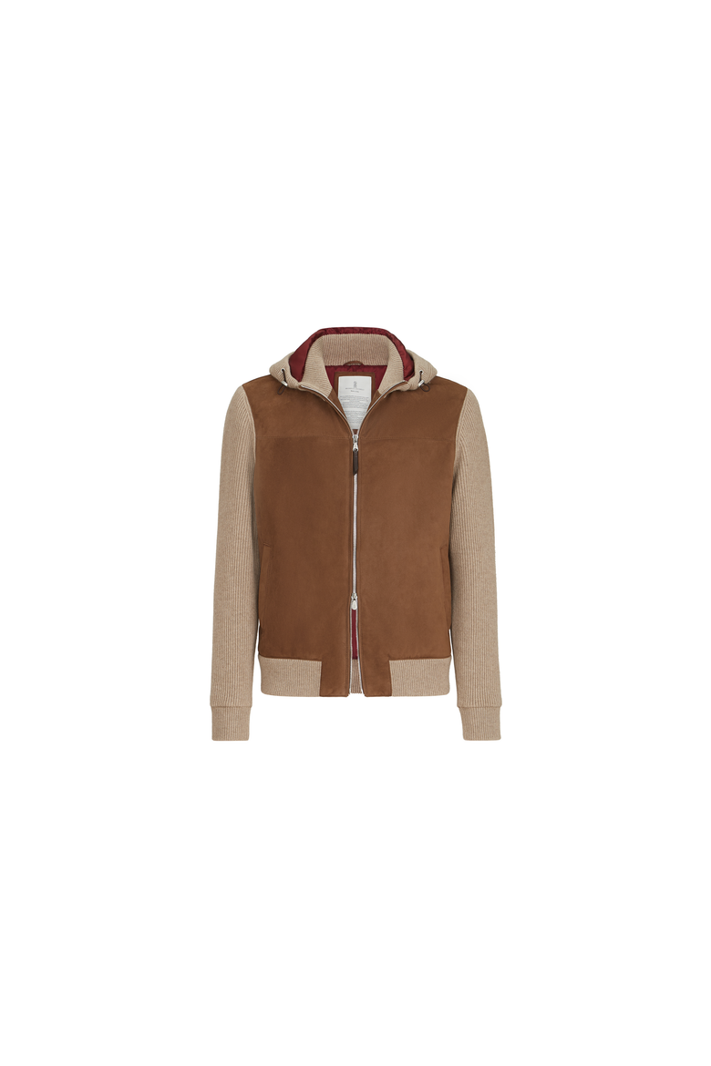 Suede and cashmere knit hooded bomber jacket with Thermore® padding, Alternate, color, Brown