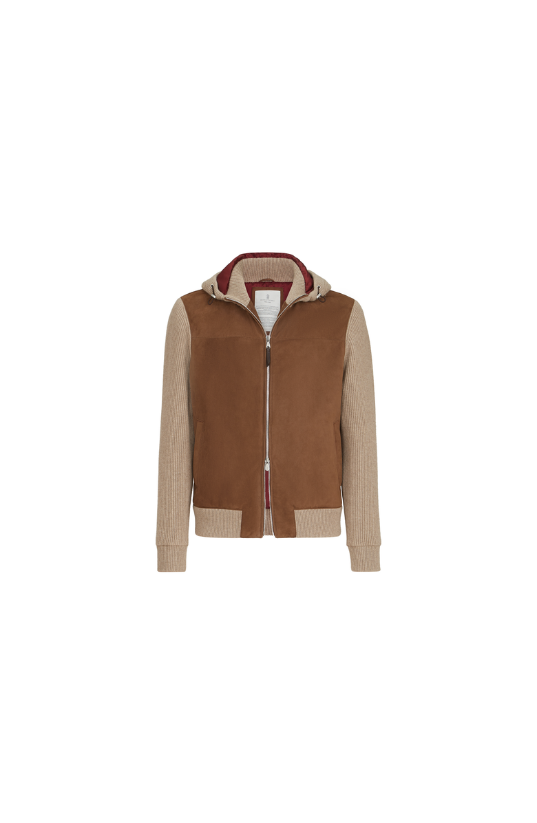 Brunello Cucinelli Suede and cashmere knit hooded bomber jacket with Thermore<sup>®</sup> padding, Alternate, color, Brown