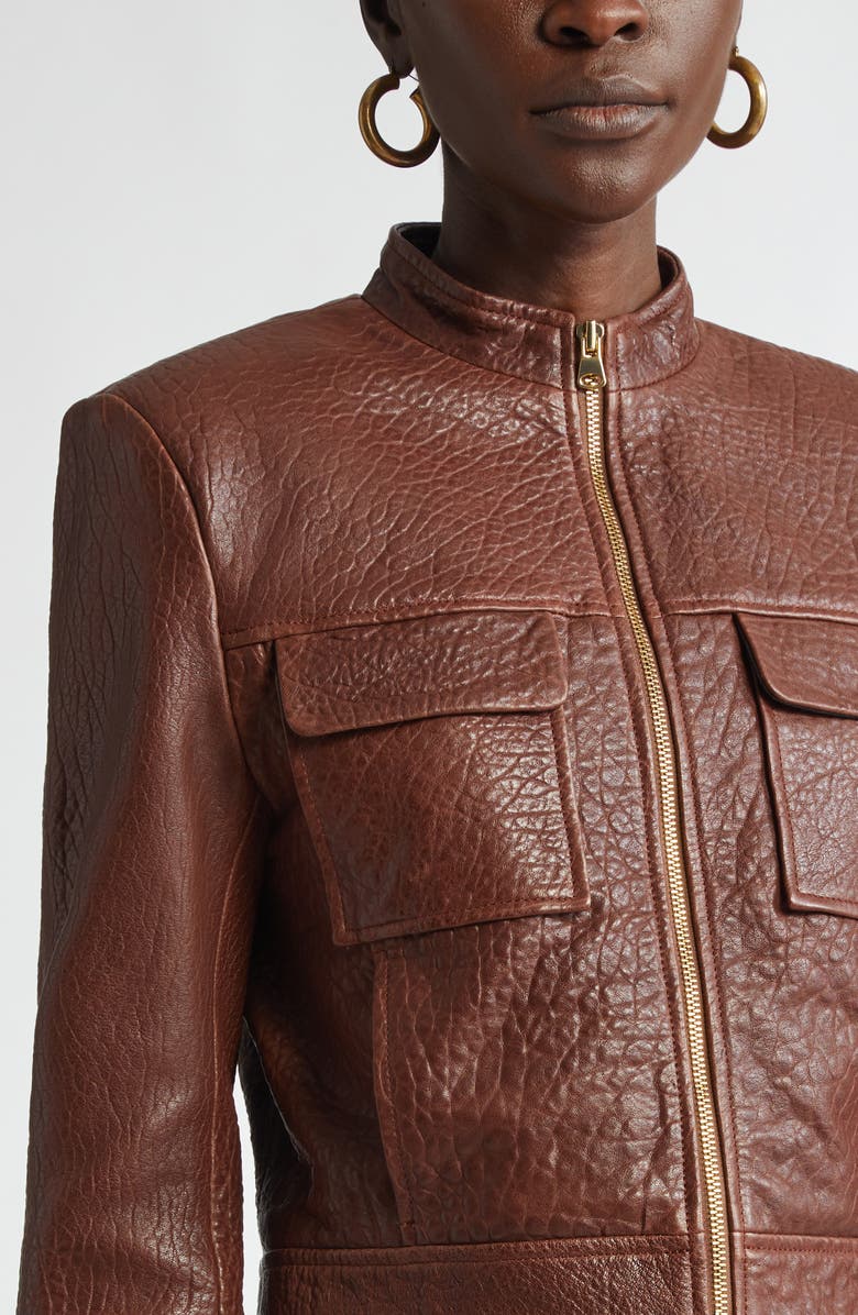 ST. JOHN Crinkled Leather Moto Jacket, Alternate, color, Redwood