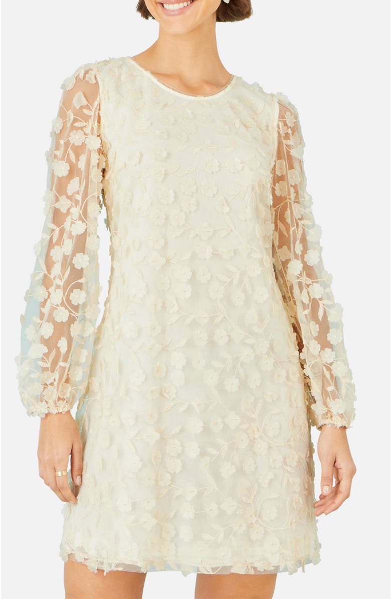 Yumi Long Sleeve Floral Applique Tunic Dress, Alternate, color, Ivory