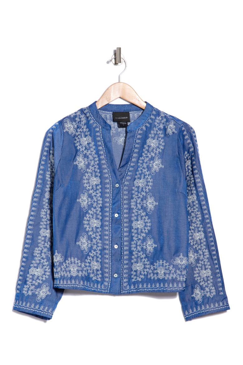 Embroidered Button Up Cotton & Linen Top, Main, color, BLUE/ WHITE