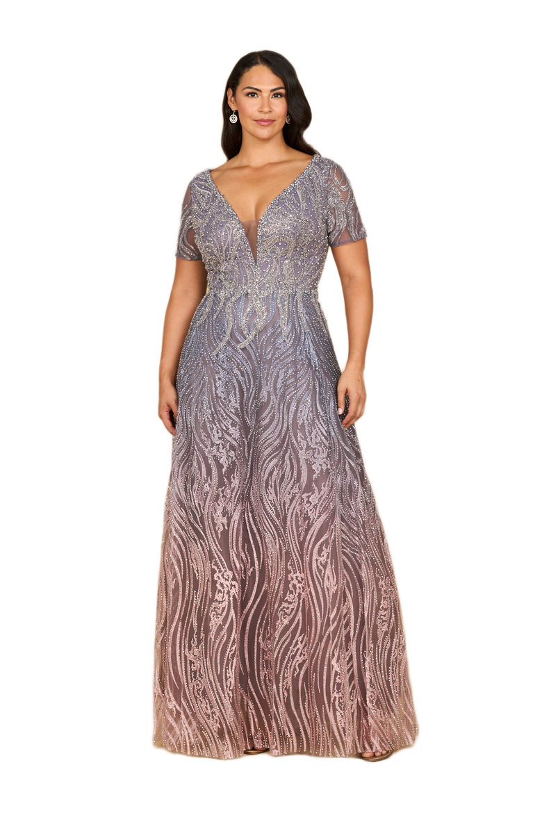 Short Sleeve V-Neck Beaded Ballgown, Main, color, Multi