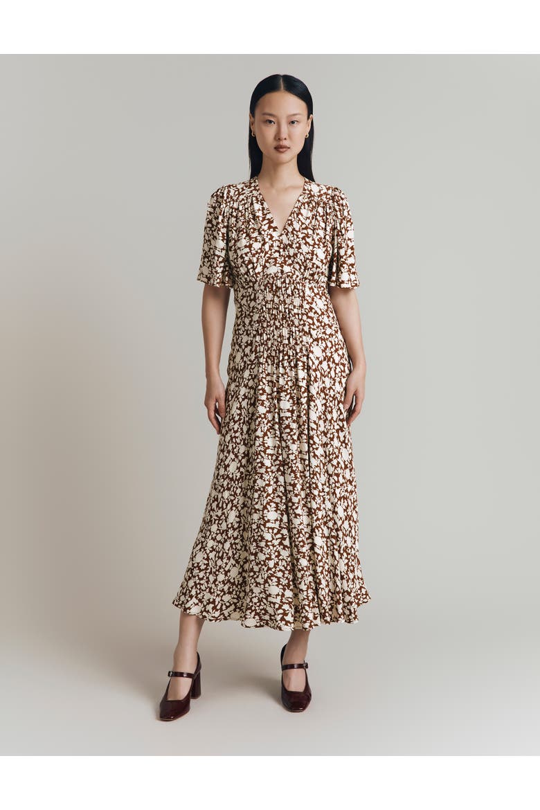 Minnie Crepe Printed Shirred Tea Dress, Main, color, Russet Floral