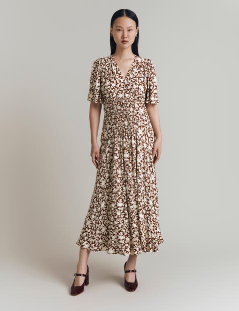 Minnie Crepe Printed Shirred Tea Dress