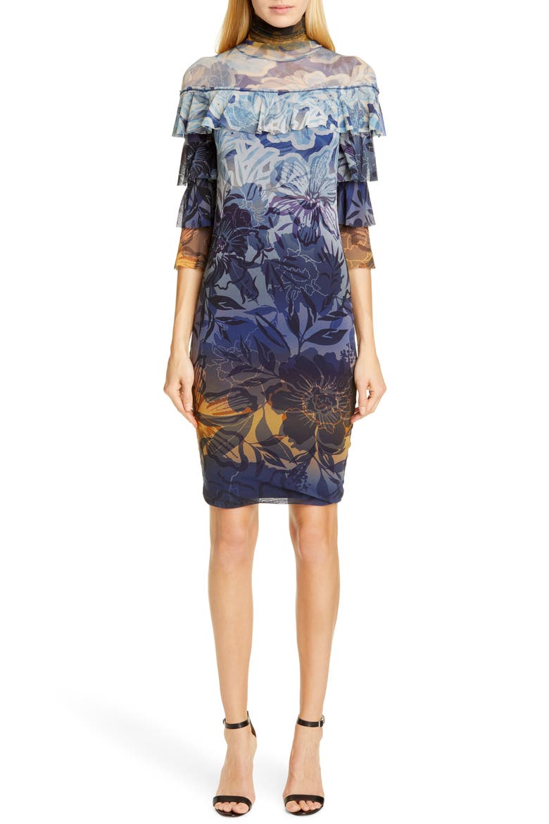 Dégradé Floral Ruffle Sleeve Dress, Main, color, AVIO