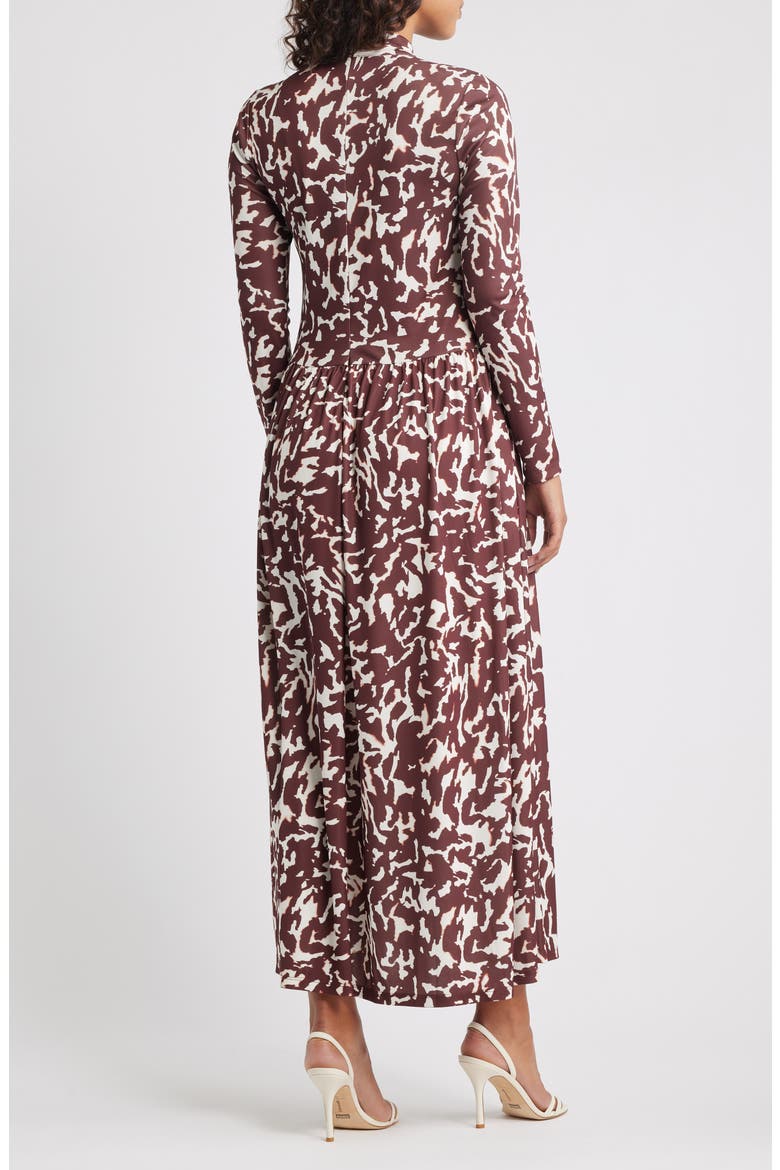 Printed Mock Neck Long Sleeve Maxi Dress, Alternate, color, RUM RAISIN
