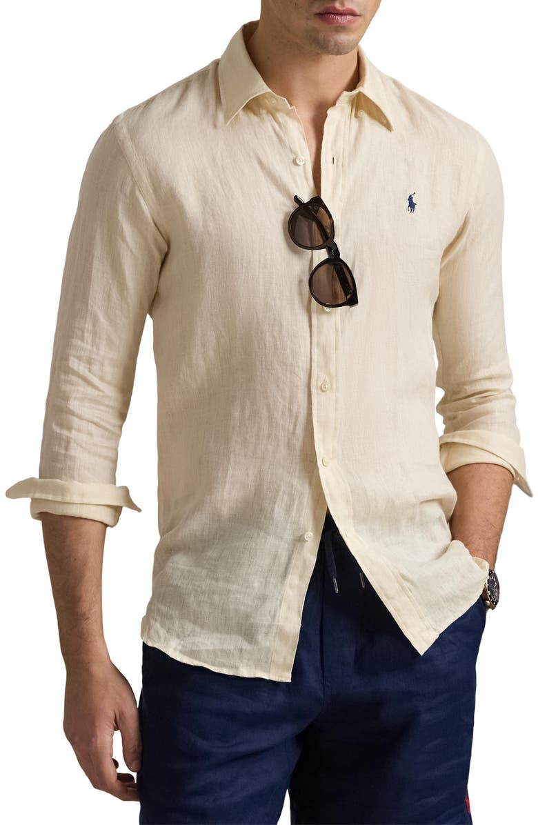 Polo Ralph Lauren Classic Fit Solid Tan Linen Button-Down Shirt, Main, color, 