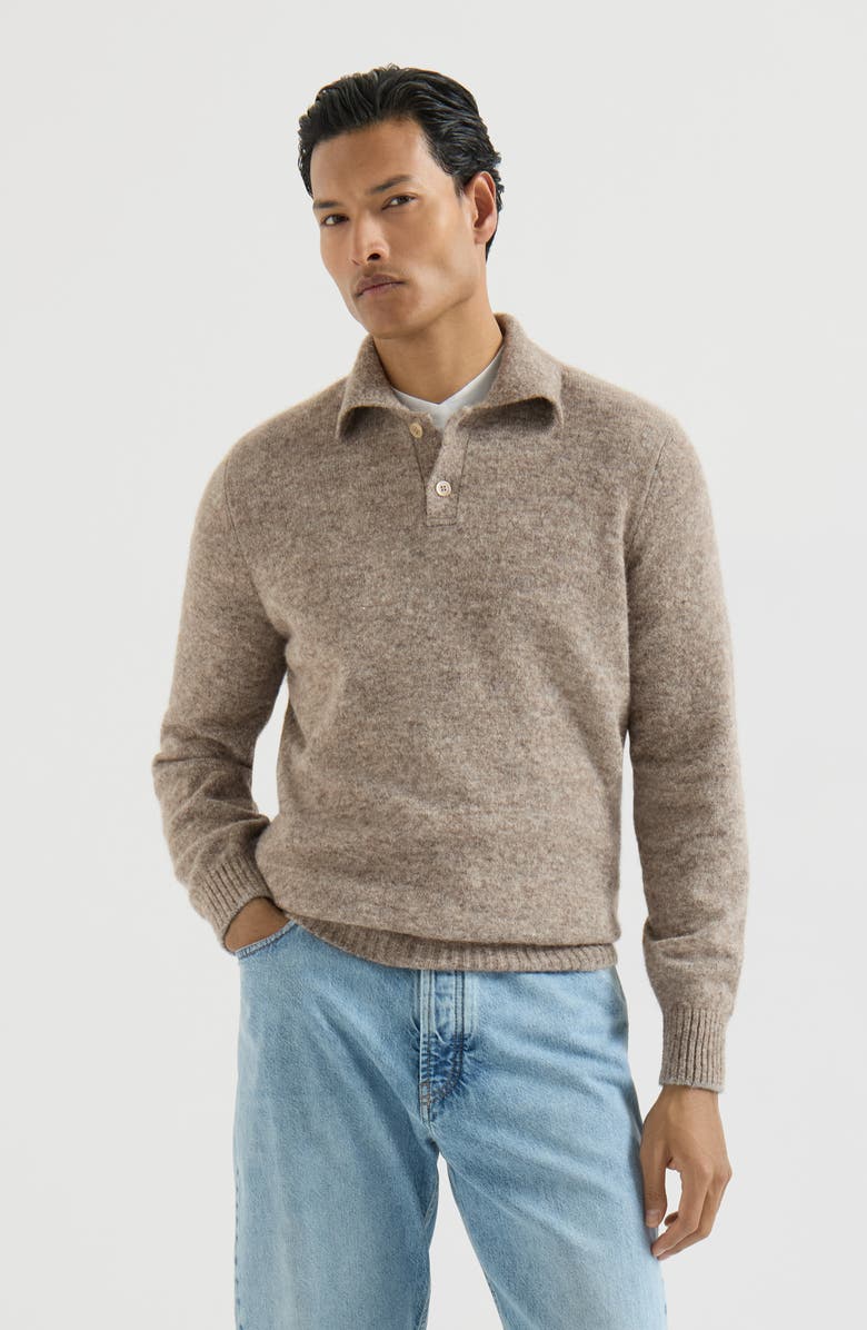 Brunello Cucinelli Alpaca, cashmere and wool knit polo, Main, color, Medium Grey
