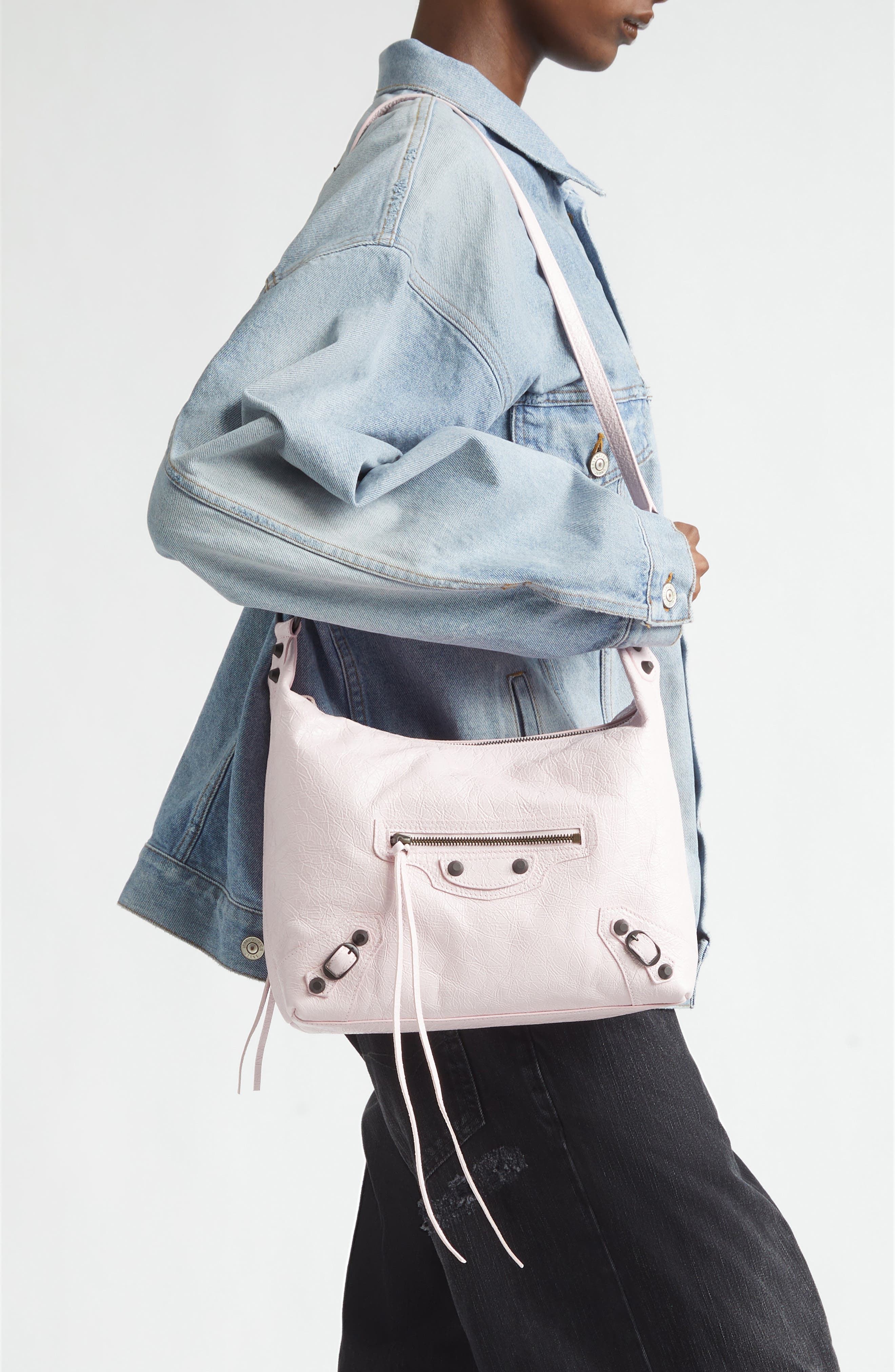 Balenciaga Small Le City Crinkle Leather Hobo Bag, Alternate, color, 5723 Petal Pink