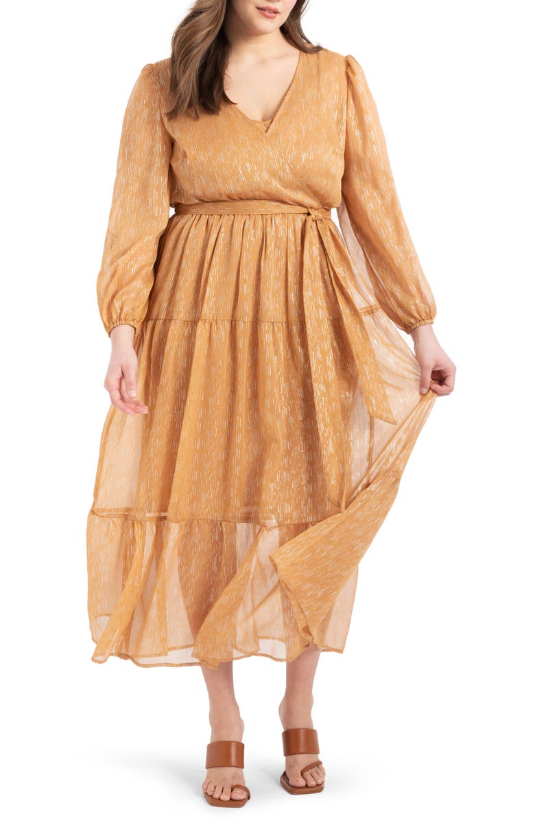 ELOQUII Metallic Tiered Long Sleeve Maxi Dress, Main, color,