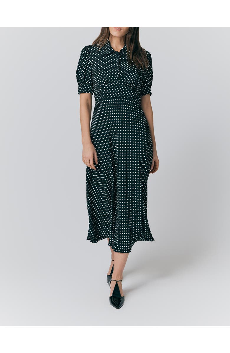 Ghost London Wilma Crepe Polka Dot Midi Tea Dress, Alternate, color, Black Spot
