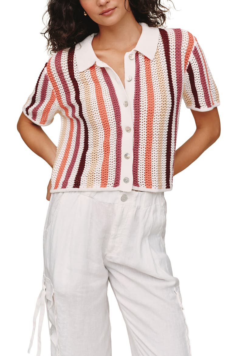 Stripe Openwork Short Sleeve Crop Knit Button-Up Shirt, Main, color, BEACH SIDE STRIPE