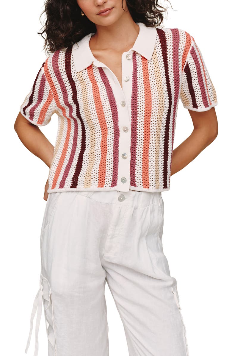 Bella Dahl Stripe Openwork Short Sleeve Crop Knit Button-Up Shirt, Main, color, Beach Side Stripe