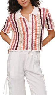 Bella Dahl Stripe Openwork Short Sleeve Crop Knit Button-Up Shirt