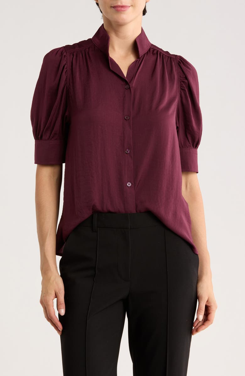 DKNY Jeans Puff Short Sleeve Button-Up Shirt, Main, color, Syrah