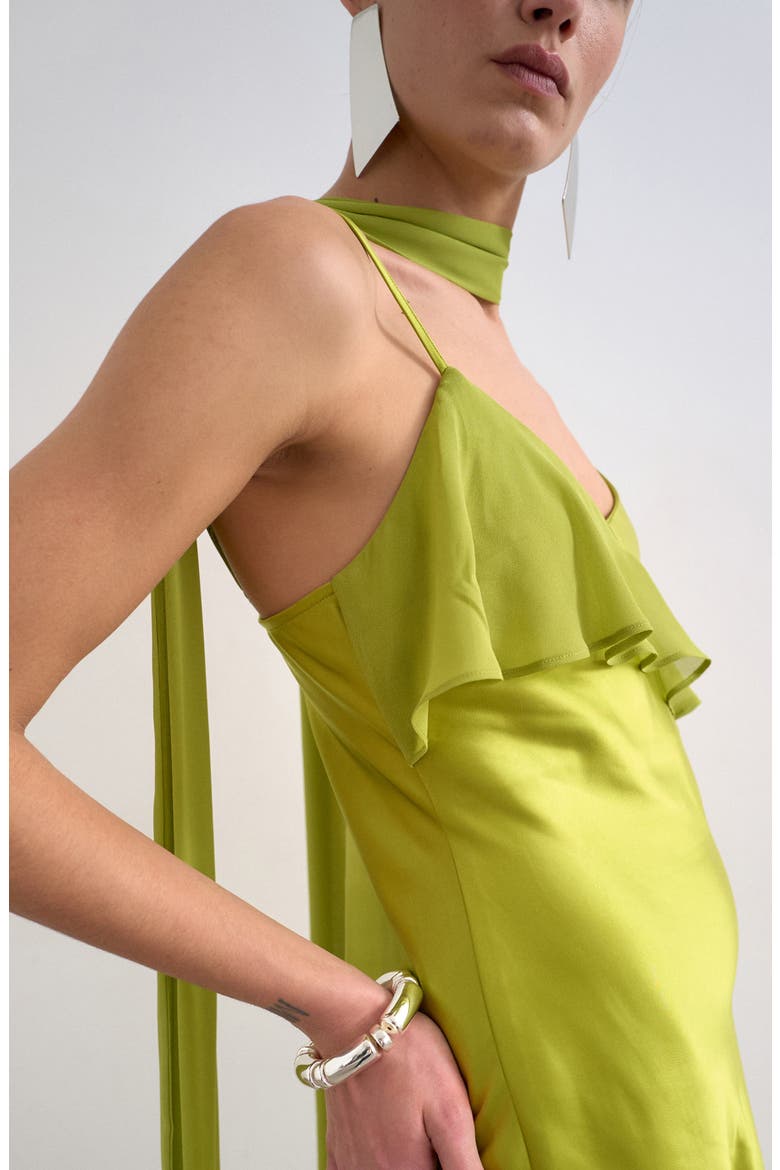 Mixed Media Ruffle Maxi Dress with Scarf, Alternate, color, GREEN
