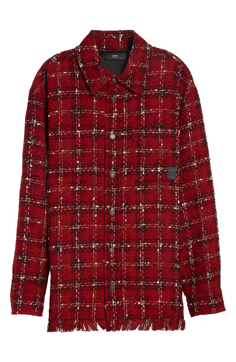 AMIRI Plaid Wool Blend Tweed Overshirt, Main, color, Red Rose
