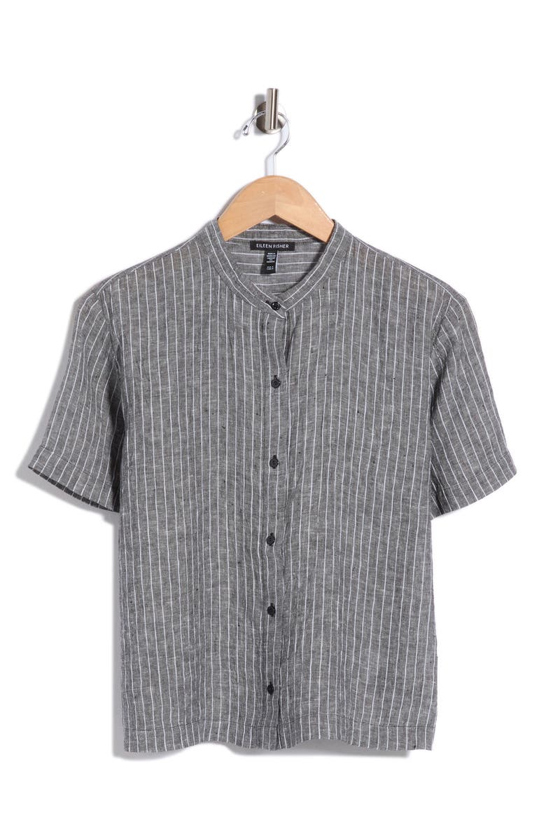 Striped Organic Linen Mandarin Collar Shirt, Main, color, BLACK/ WHITE