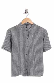 Striped Organic Linen Mandarin Collar Shirt