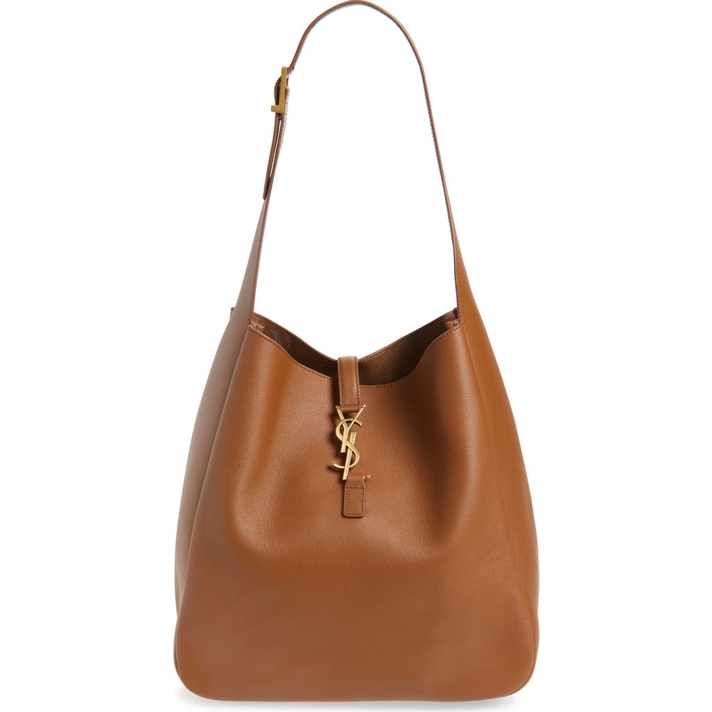 Saint Laurent Le 5a7 Large Ysl Shoulder Hobo Bag In Smooth Leather In Brown