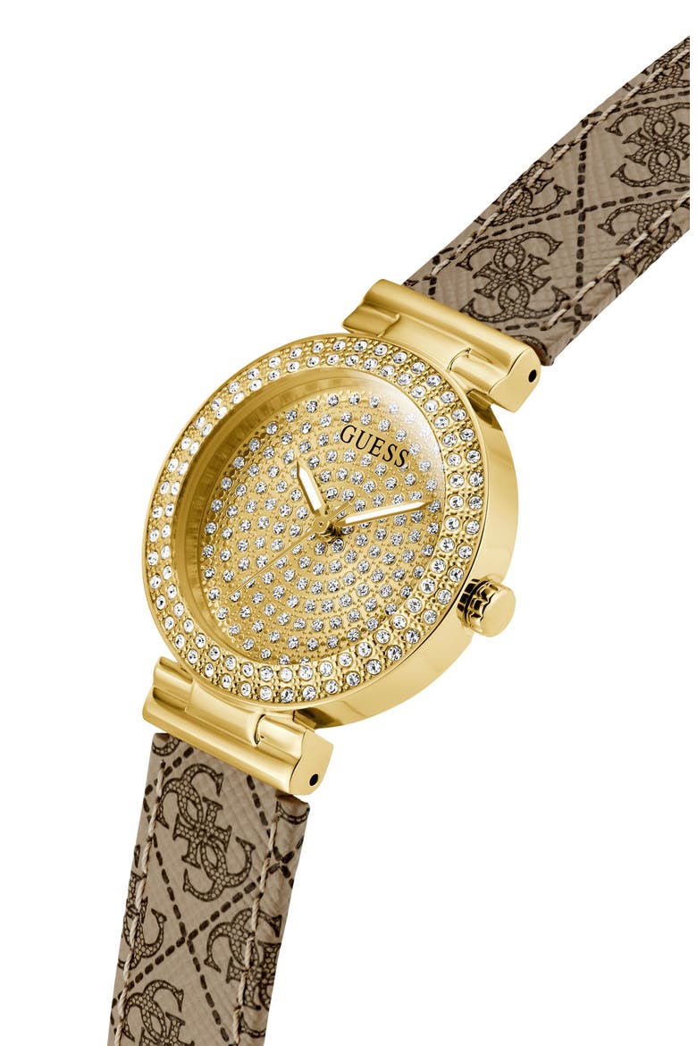 Goldtone & Crystal Logo Leather Strap Watch, 32mm, Alternate, color, BEIGE