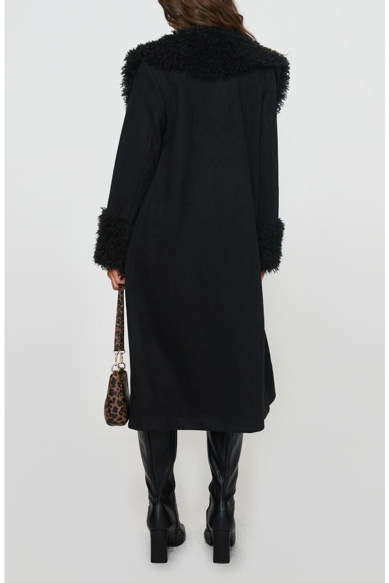 After Party Faux Suede Long Coat with Faux Shearling Trim, Alternate, color, BLACK