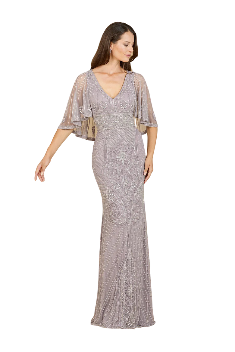 Cape Sleeve V-Neck Beaded Gown, Main, color, Lilac