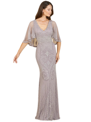 LARA New York Cape Sleeve V-Neck Beaded Gown