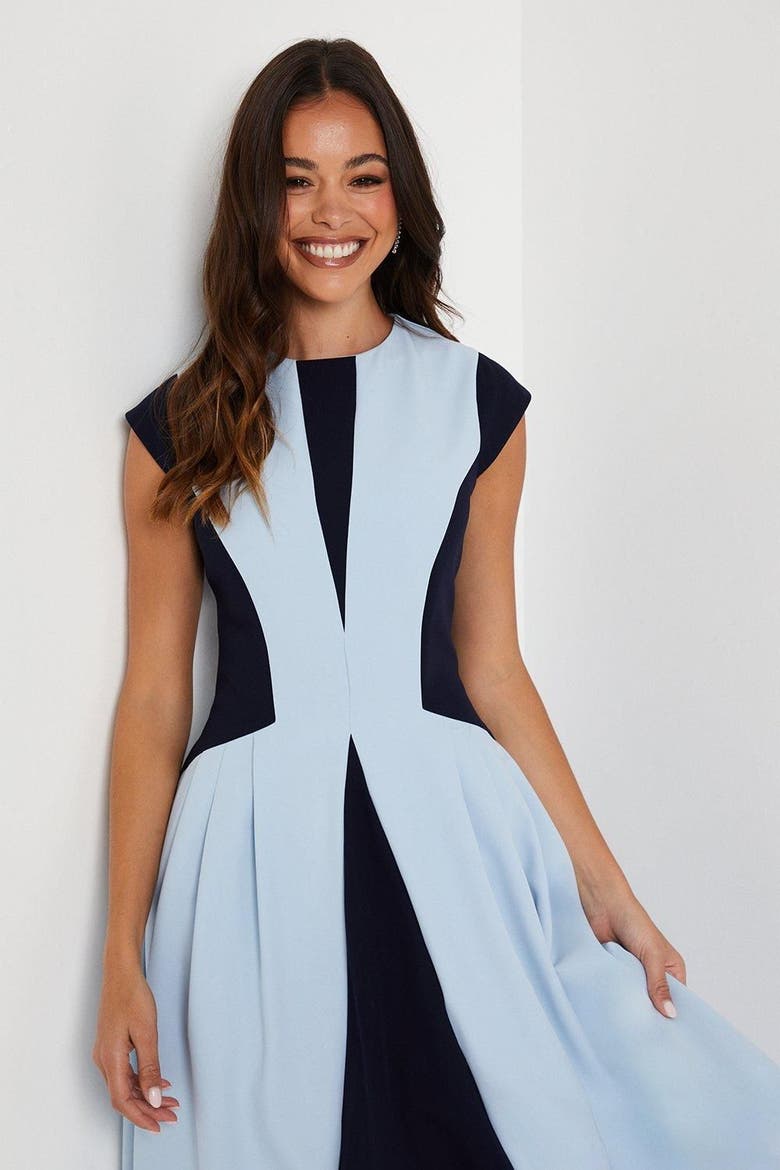 Crepe Color Block Midi Dress, Alternate, color, Pale Blue