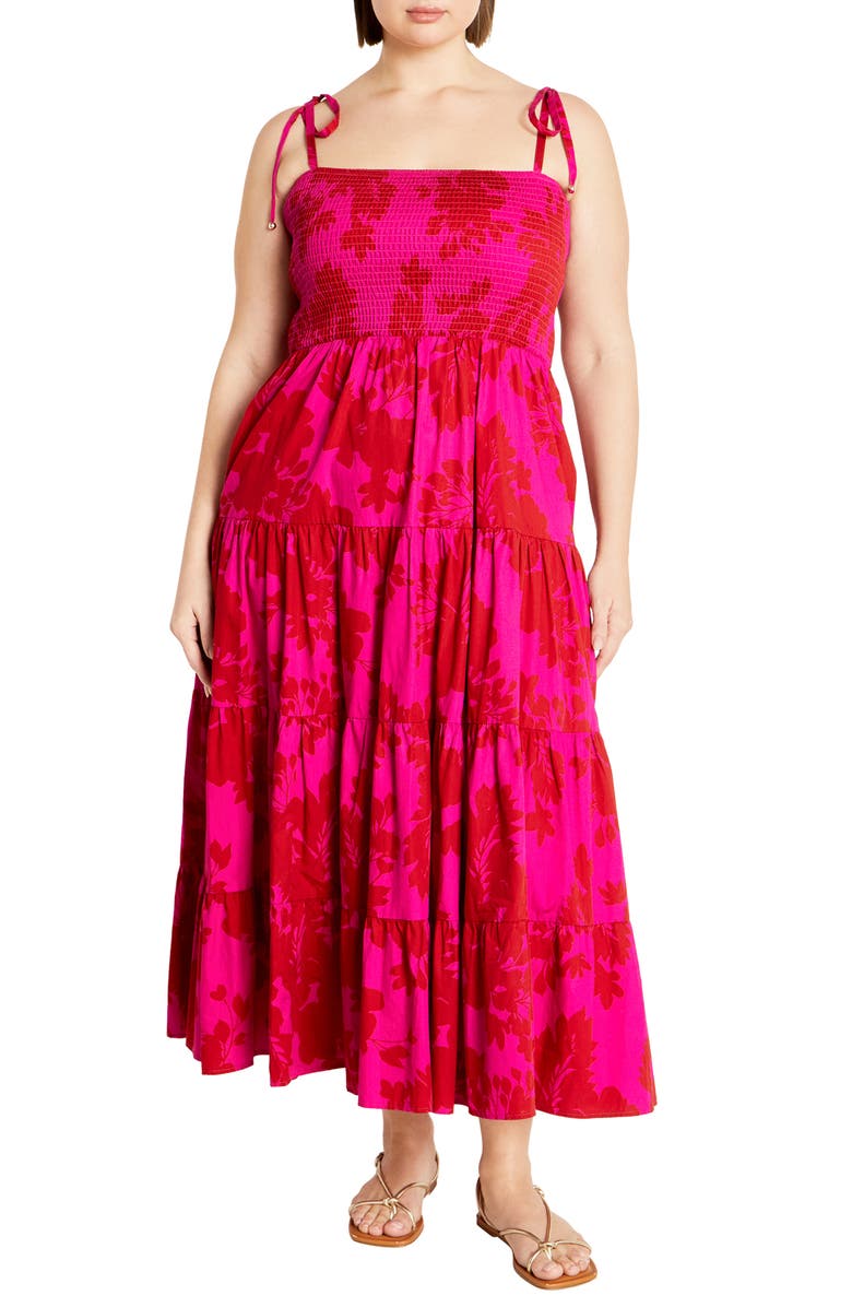 City Chic Tayla Print Smocked Tiered Maxi Dress, Main, color, Floral