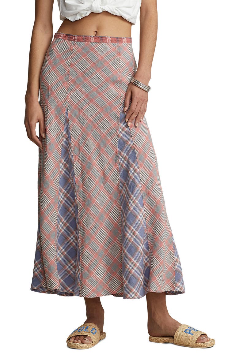Plaid Linen Maxi Skirt, Main, color, RED MULTI PLAID PATCHWORK